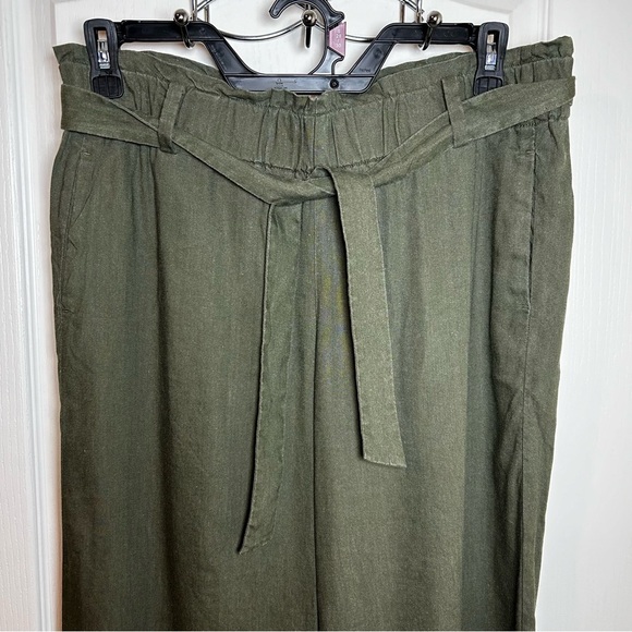 J.Jill Olive Green Linen Blend Wide Leg Paperbag Waist Tie Detail Pants Size L - Picture 2 of 6